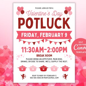 Editable Valentines Potluck Flyer Template, Work Potluck Party, Canva Printable
