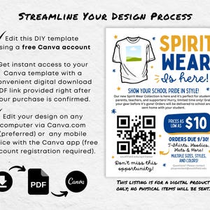 K&ouml;nnte beinhalten: Ein digitales Produktangebot f&uuml;r Schul-Spirit-Wear. Das Bild zeigt den Text "Spirit Wear is here!" und "Show your school pride in style!" mit einer Grafik eines T-Shirts. Das Angebot ist f&uuml;r eine digitale Canva-Vorlage.