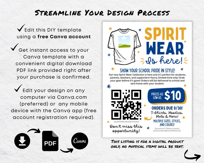 K&ouml;nnte beinhalten: Ein digitales Produktangebot f&uuml;r Schul-Spirit-Wear. Das Bild zeigt den Text "Spirit Wear is here!" und "Show your school pride in style!" mit einer Grafik eines T-Shirts. Das Angebot ist f&uuml;r eine digitale Canva-Vorlage.