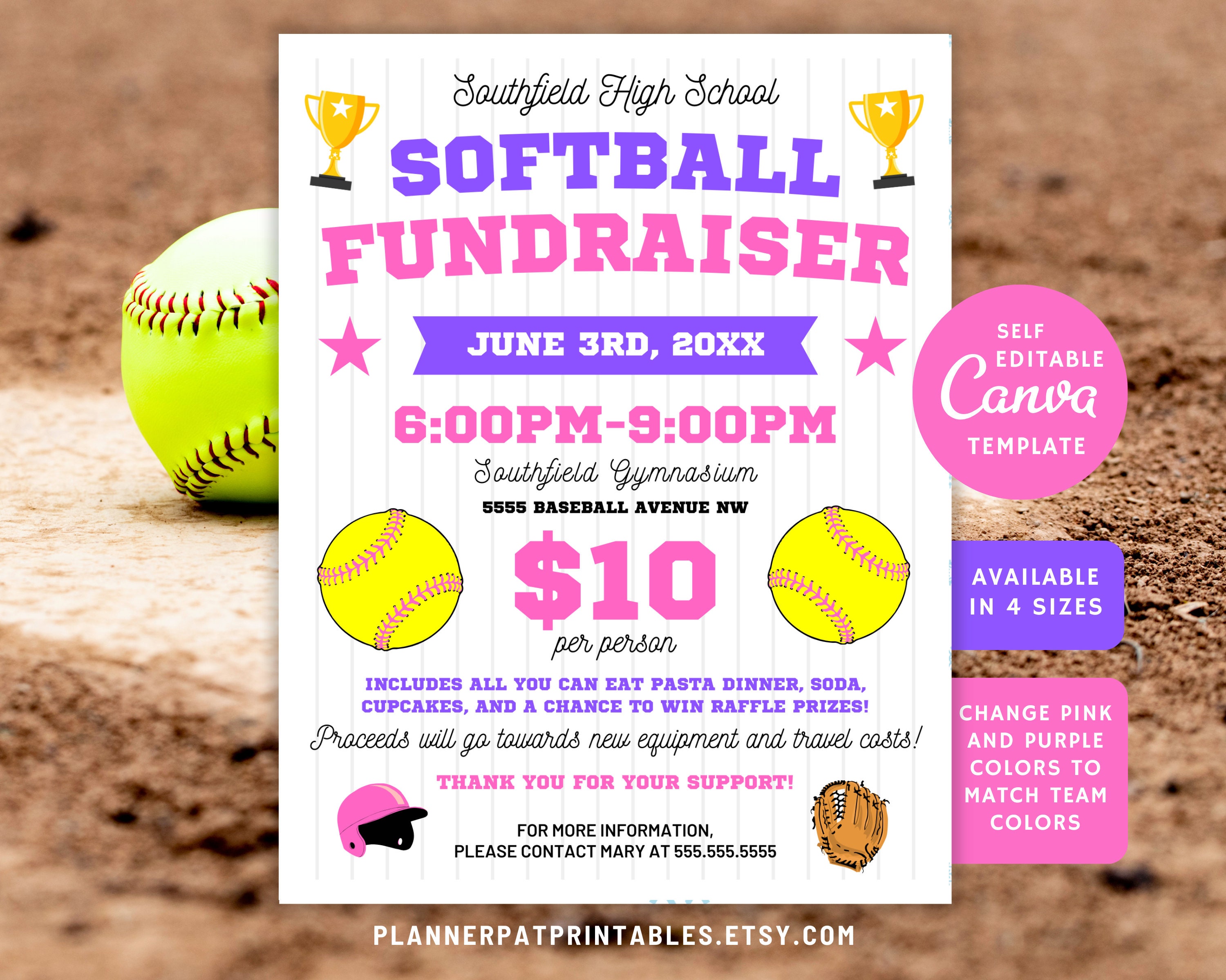 Editable Softball Fundraiser Flyer Template: Canva Raffle Poster ...