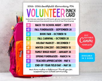 May include: A colorful volunteer punch card for Southfield Elementary PTA events. The card lists events like Back-to-School Night, Book Fair, and Family Bingo Night. A pink, orange, and purple backpack is in the background.