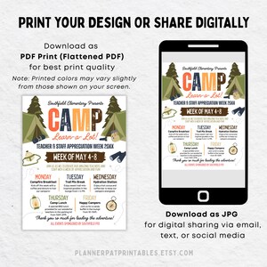 May include: A digital printable featuring a camp-themed design for a teacher appreciation week. The design includes the text "CAMP Learn a Lot!" and a schedule for the week of May 4-8. The image is available as a PDF print or JPG for digital sharing.