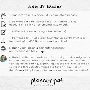 May include: A white graphic with the text "HOW IT WORKS" and numbered steps for using a digital product. Includes icons for a shopping cart, document, pencil, download arrow, and printer. The text also includes a message from the seller, "planner pat printables."