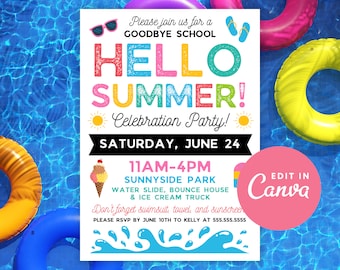 Plantilla editable de Canva para invitación a fiesta de fin de curso en la piscina (5 x 7 pulgadas)