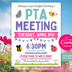 Editable Spring PTA Meeting Flyer Template, PTO PTA April News, Canva