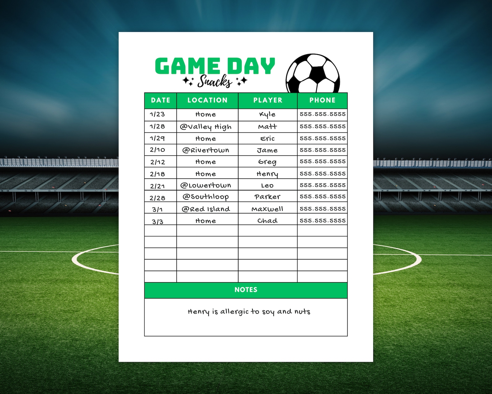 Soccer Snack Schedule Sign up Sheet Printable, Editable Canva Template ...