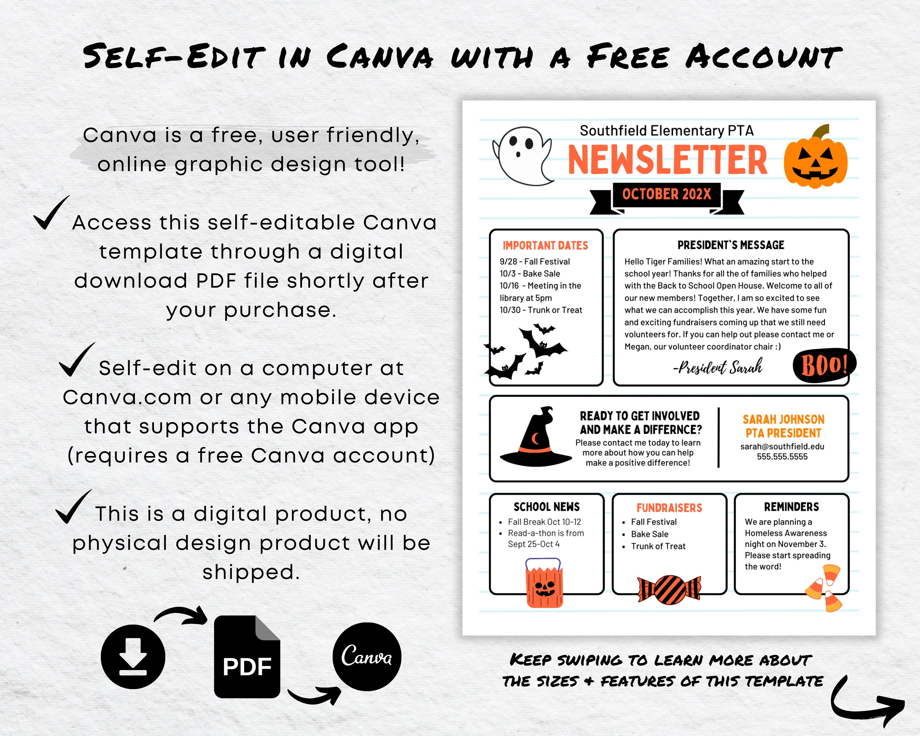 Editable October PTA Newsletter Template: Fall Halloween News (canva ...
