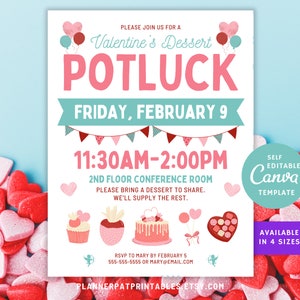 Puede incluir: Una invitación imprimible a un potluck de postres para el Día de San Valentín con un esquema de color rosa y azul. La invitación presenta una pancarta en forma de corazón con el texto "Valentine's Dessert Potluck" y una pancarta con el texto "Viernes, 9 de febrero". La invitación también incluye un gráfico de un cupcake, una fresa y un pastel.
