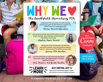 May include: A bright flyer for the Southfield Elementary PTA, with the words "WHY WE" in bold colours. It includes quotes from parents and teachers, and a call to "LEARN MORE." The flyer is a self-editable Canva template, available in four sizes.