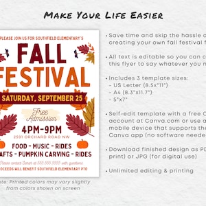 May include: A printable flyer for a fall festival with a red, orange, and yellow autumn leaf design. The flyer says "Fall Festival" in large red letters and "Saturday, September 25" in black letters. The flyer also includes the text "Free Admission 4PM-9PM" and "2591 Orchard Road NW".