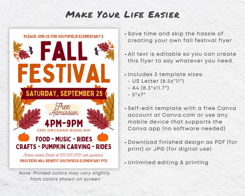 May include: A printable flyer for a fall festival with a red, orange, and yellow autumn leaf design. The flyer says "Fall Festival" in large red letters and "Saturday, September 25" in black letters. The flyer also includes the text "Free Admission 4PM-9PM" and "2591 Orchard Road NW".