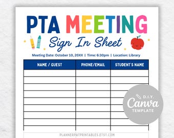 PTA PTO Meeting Sign In Sheet, Editable Attendance Template (Digital Download)