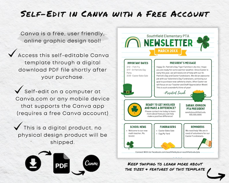 Editable March Newsletter Template, St Patricks PTO PTA School News ...