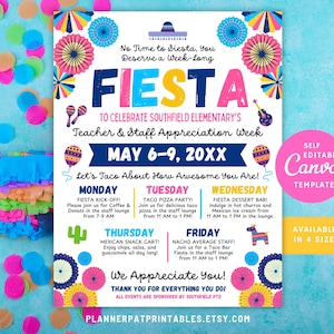 Editable Mexican Fiesta Theme Teacher & Staff Appreciation Theme Taco Fiesta Itinerary Flyer Canva Template Printable
