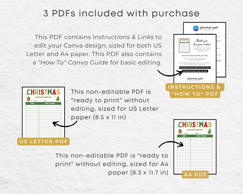K&ouml;nnte beinhalten: Drei druckbare PDFs f&uuml;r ein Weihnachts-Potluck-Anmeldeformular. Die PDFs sind in den Formaten US Letter (8,5 x 11 Zoll) und A4 (8,3 x 11,7 Zoll) verf&uuml;gbar. Die PDFs beinhalten eine "Anleitung" zum Bearbeiten in Canva.