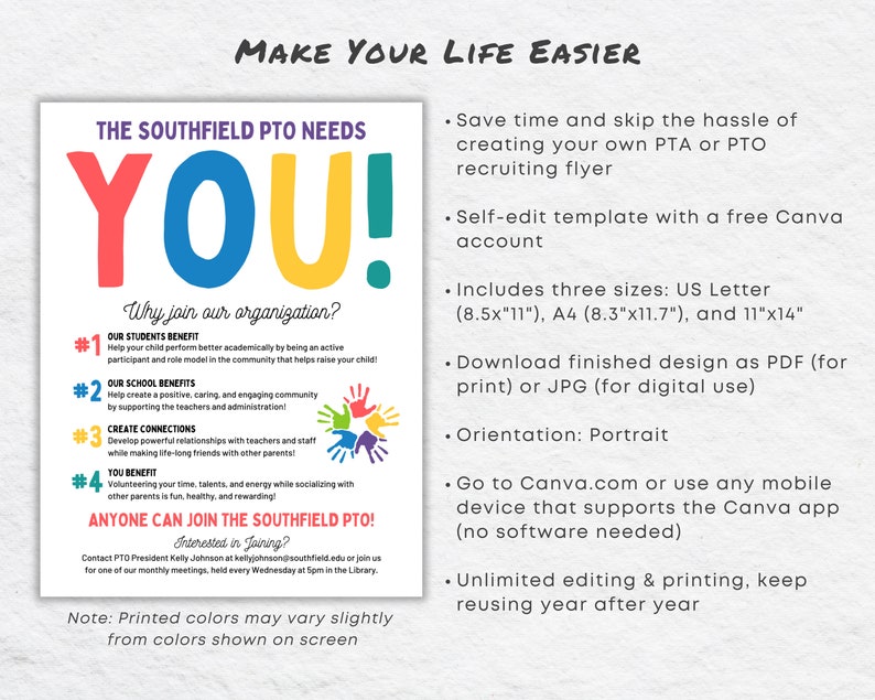 Editable PTA PTO Recruitment Flyer Template: Canva Volunteer Sign-up ...