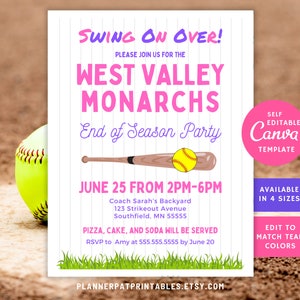 End of Season Softball Party Invite Canva Editable Template, Softball Invitation