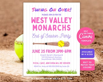 Invitación editable para fiesta de softbol, plantilla de Canva para fin de año de chicas (descarga digital)