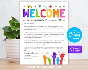 May include: A colorful welcome letter for the Southfield Elementary Parent Teacher Organization (PTO). The design features the word "WELCOME" in rainbow colors, school-themed icons, and the text "SELF EDITABLE TEMPLATE". The letter is available in four sizes.