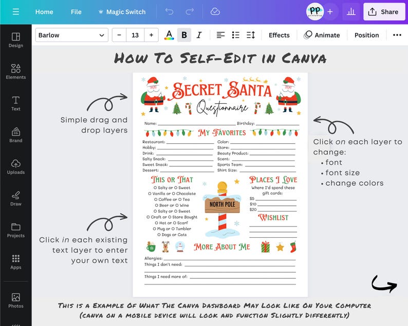 Secret Santa Questionnaire Printable, Christmas Gift Exchange Favorites