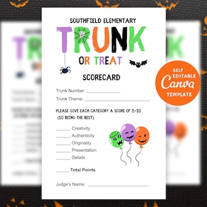 Bewerkbare Trunk or Treat-scorekaart, afdrukbaar DIY-scoreblad voor Halloween, canvas