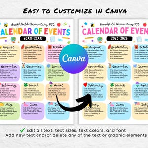 May include: Colorful school calendar of events for the years 20XX-20XX and 2025-2026, with a Canva logo. The calendar includes monthly event listings for Southfield and Brookfield Elementary schools, with text that is easily customizable.