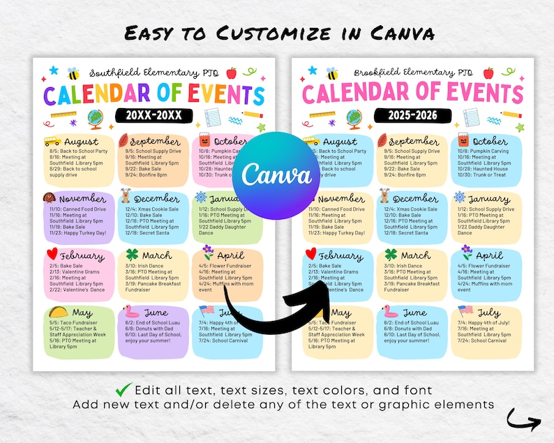 May include: Colorful school calendar of events for the years 20XX-20XX and 2025-2026, with a Canva logo. The calendar includes monthly event listings for Southfield and Brookfield Elementary schools, with text that is easily customizable.