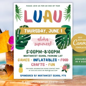 Editable School Luau Flyer,  Canva Hawaiian Invitation Printable Template