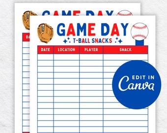 Editable T-Ball Snack Sign Up Sheet Schedule Template Printable