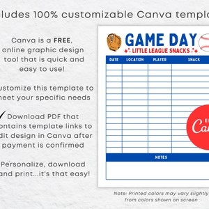 Editable Little League Snack Sign up Sheet Schedule Printable - Etsy