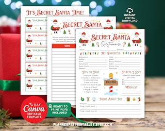 May include: A set of Secret Santa forms and labels with festive designs. The forms feature Santa Claus, candy canes, and Christmas trees. They include sections for name, preferences, and a wishlist. The Canva editable template is ready to print.