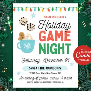 Plantilla editable de invitación para una noche de juegos de Navidad, invitación para fiestas, Canva