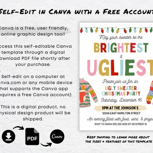 May include: A digital invitation for an Ugly Sweater Christmas Party. The design features colourful text and sweater illustrations. The invitation includes party details and instructions for self-editing in Canva.
