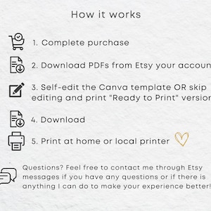 K&ouml;nnte beinhalten: So funktioniert es: 1. Kauf abschlie&szlig;en. 2. PDFs von Etsy herunterladen. 3. Canva-Vorlage selbst bearbeiten oder die "Druckfertig"-Versionen direkt ausdrucken. 4. Herunterladen. 5. Zu Hause oder bei einem lokalen Drucker drucken. Fragen? Z&ouml;gere nicht, mich &uuml;ber Etsy-Nachrichten zu kontaktieren, wenn du Fragen hast oder wenn ich etwas tun kann, um deine Erfahrung zu verbessern!