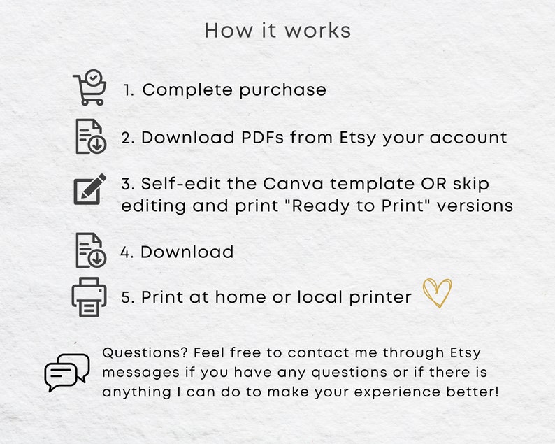 K&ouml;nnte beinhalten: So funktioniert es: 1. Kauf abschlie&szlig;en. 2. PDFs von Etsy herunterladen. 3. Canva-Vorlage selbst bearbeiten oder die "Druckfertig"-Versionen direkt ausdrucken. 4. Herunterladen. 5. Zu Hause oder bei einem lokalen Drucker drucken. Fragen? Z&ouml;gere nicht, mich &uuml;ber Etsy-Nachrichten zu kontaktieren, wenn du Fragen hast oder wenn ich etwas tun kann, um deine Erfahrung zu verbessern!