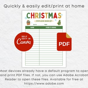 K&ouml;nnte beinhalten: Druckbarer Weihnachts-Potluck-Anmeldezettel mit festlichem Design. Das Blatt enth&auml;lt Abschnitte f&uuml;r Datum, Uhrzeit, Name und Essen zum Mitbringen. Der Text "SELF EDIT IN Canva" und "PDF" ist ebenfalls enthalten.
