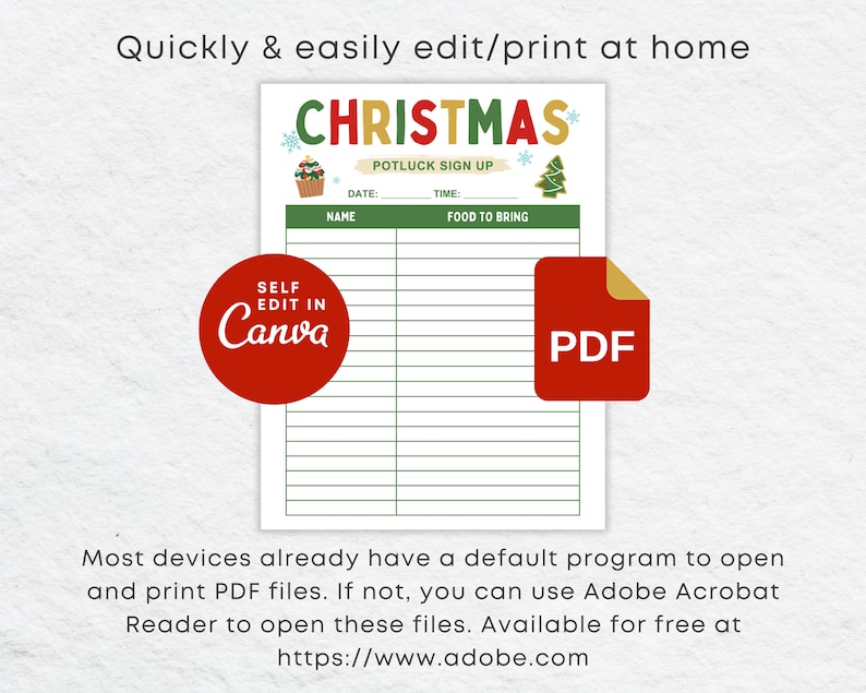 K&ouml;nnte beinhalten: Druckbarer Weihnachts-Potluck-Anmeldezettel mit festlichem Design. Das Blatt enth&auml;lt Abschnitte f&uuml;r Datum, Uhrzeit, Name und Essen zum Mitbringen. Der Text "SELF EDIT IN Canva" und "PDF" ist ebenfalls enthalten.