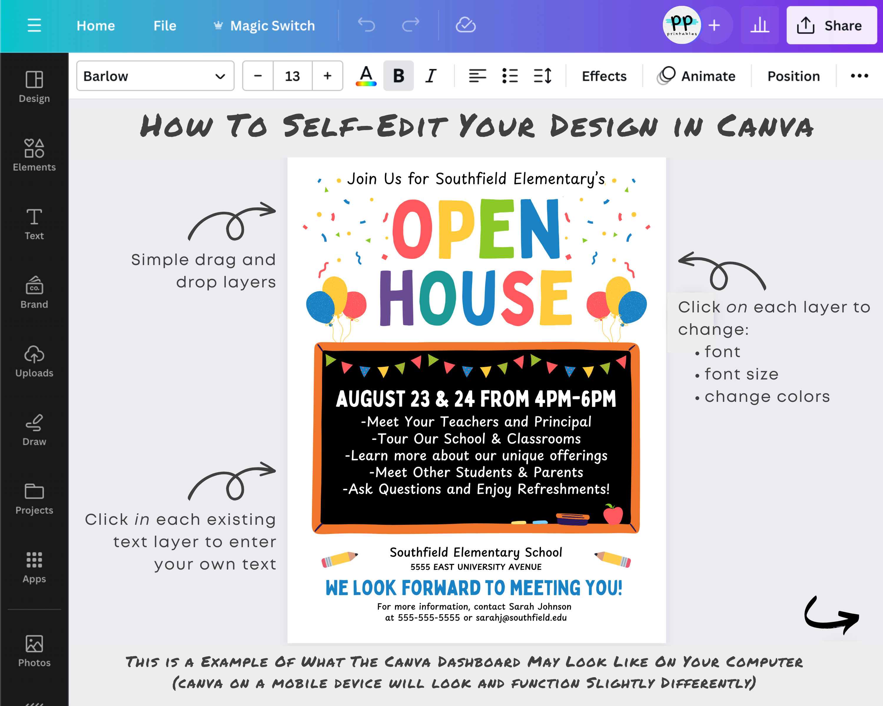 School Open House Flyer Template: Editable Invitation (canva) - Etsy