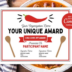 Editable Chili Certificate Template Printable, Edit Cook Off Award in Canva