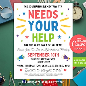 Może przedstawiać: Kolorowa, drukowana ulotka na spotkanie PTA szkoły. Ulotka zawiera napis "The Southfield Elementary PTA Needs Your Help!" oraz "For the 20XX-20XX School Year! Please Join Us For an Informational Meeting September 10th Southfield Media Center 5:00PM-6:00PM No Matter What Your Skills Are, We Need You! Excited to see you there!" Ulotka zawiera również napis "Self Editable Canva Template" i "Available in 4 Sizes".