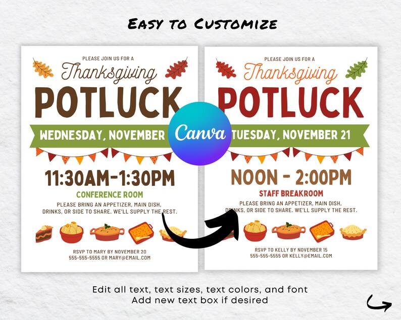 May include: A Thanksgiving potluck invitation with a festive fall theme. The invitation features a brown and red potluck sign with a green banner that says "Wednesday, November". The invitation also features a brown and red potluck sign with a green banner that says "Tuesday, November 21".