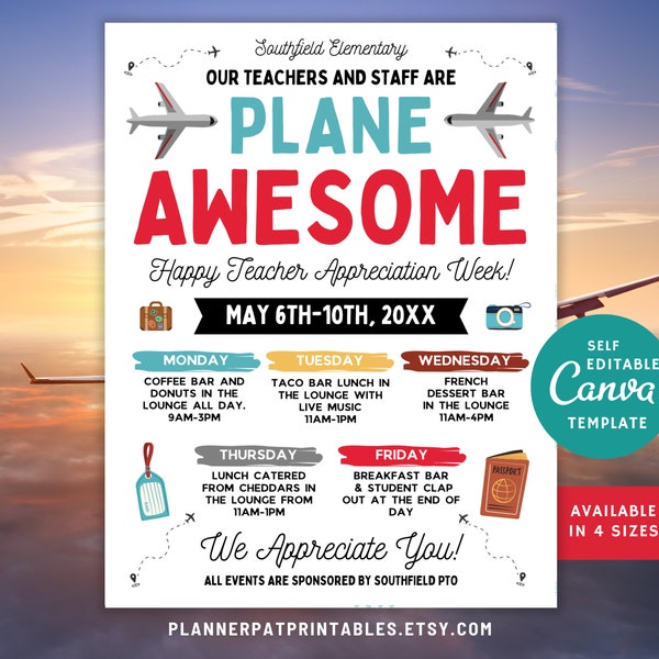 Editable Plane Awesome Teacher & Staff Appreciation Week Flyer Itinerary, Canva