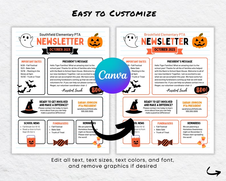 Editable October PTA Newsletter Template: Fall Halloween News (canva ...