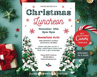 May include: A white Christmas luncheon invitation with a red and green winter scene. The invitation includes the text "You're invited to a Christmas Luncheon", "December 10th 6pm-9pm", "Southfield Grill", "5555 University Avenue Southfield, MN 55555", "Come and join us for a holiday celebration filled with food and a gift exchange!" and "Please RSVP to Kelly at 555.555.5555 or kellysmith@email.com".