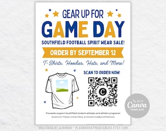Football Spirit Wear Flyer Template, Editable Booster Club Fundraiser Sign (Digital Download)