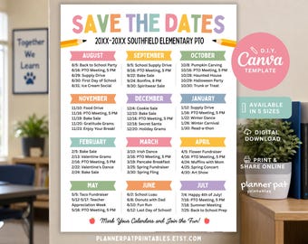 PTA PTO Save the Date Flyer Template, Editable School Event Calendar Canva