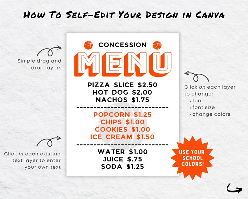 Basketball Concession Menu Editable Template, Printable Sign (canva ...
