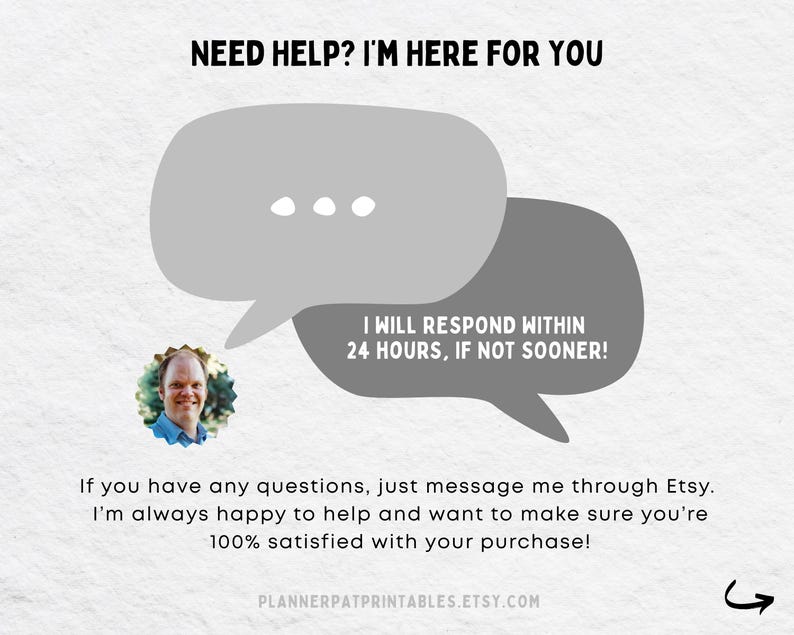 May include: A digital graphic with the text "NEED HELP? I'M HERE FOR YOU" above two gray speech bubbles. One bubble says "I WILL RESPOND WITHIN 24 HOURS, IF NOT SOONER!". A photo of a smiling person is in the image. The Etsy shop URL is at the bottom.