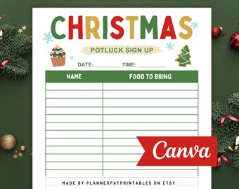 Christmas Potluck Sign Up Sheet Printable, Holiday Potluck Party, Canva