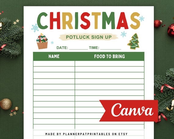Christmas Potluck Sign Up Sheet Printable, Holiday Party, Canva